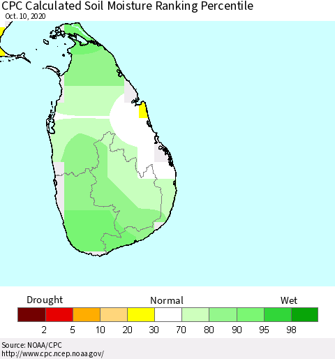 Sri Lanka CPC Soil Moisture Ranking Percentile (Leaky Bucket) Thematic Map For 10/6/2020 - 10/10/2020