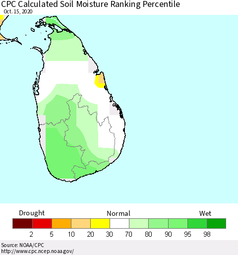 Sri Lanka CPC Soil Moisture Ranking Percentile (Leaky Bucket) Thematic Map For 10/11/2020 - 10/15/2020