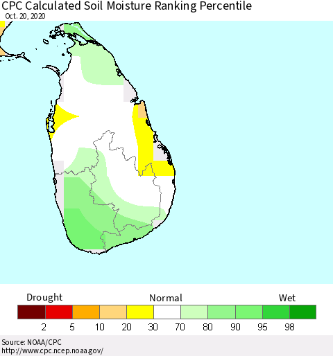 Sri Lanka CPC Soil Moisture Ranking Percentile (Leaky Bucket) Thematic Map For 10/16/2020 - 10/20/2020