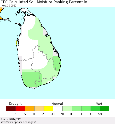 Sri Lanka CPC Soil Moisture Ranking Percentile (Leaky Bucket) Thematic Map For 11/6/2020 - 11/10/2020