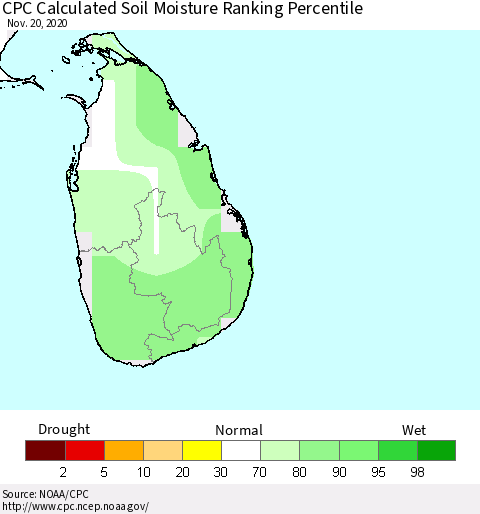 Sri Lanka CPC Calculated Soil Moisture Ranking Percentile Thematic Map For 11/16/2020 - 11/20/2020