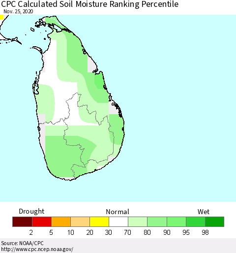 Sri Lanka CPC Soil Moisture Ranking Percentile (Leaky Bucket) Thematic Map For 11/21/2020 - 11/25/2020