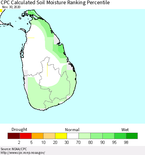Sri Lanka CPC Soil Moisture Ranking Percentile (Leaky Bucket) Thematic Map For 11/26/2020 - 11/30/2020