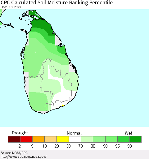 Sri Lanka CPC Soil Moisture Ranking Percentile (Leaky Bucket) Thematic Map For 12/6/2020 - 12/10/2020