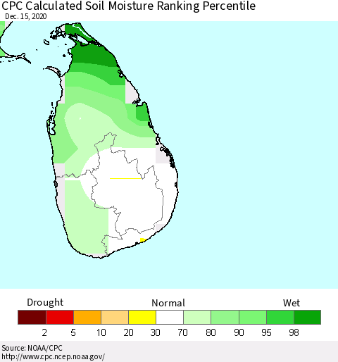 Sri Lanka CPC Soil Moisture Ranking Percentile (Leaky Bucket) Thematic Map For 12/11/2020 - 12/15/2020