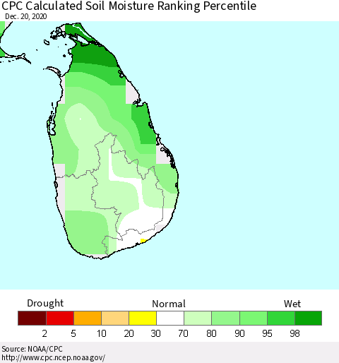 Sri Lanka CPC Soil Moisture Ranking Percentile (Leaky Bucket) Thematic Map For 12/16/2020 - 12/20/2020