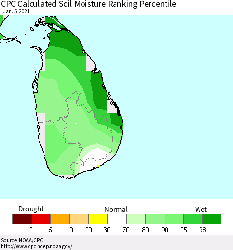Sri Lanka CPC Soil Moisture Ranking Percentile (Leaky Bucket) Thematic Map For 1/1/2021 - 1/5/2021