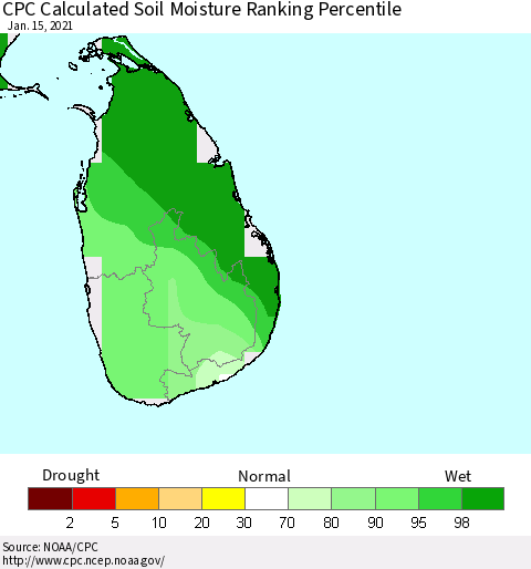 Sri Lanka CPC Soil Moisture Ranking Percentile (Leaky Bucket) Thematic Map For 1/11/2021 - 1/15/2021