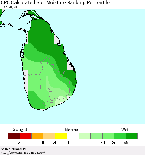 Sri Lanka CPC Soil Moisture Ranking Percentile (Leaky Bucket) Thematic Map For 1/16/2021 - 1/20/2021