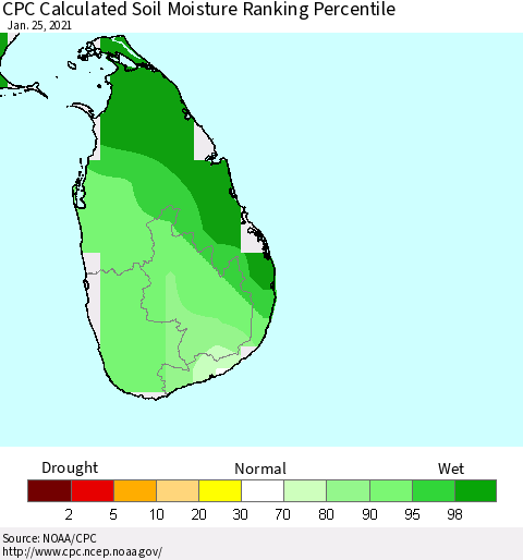Sri Lanka CPC Soil Moisture Ranking Percentile (Leaky Bucket) Thematic Map For 1/21/2021 - 1/25/2021