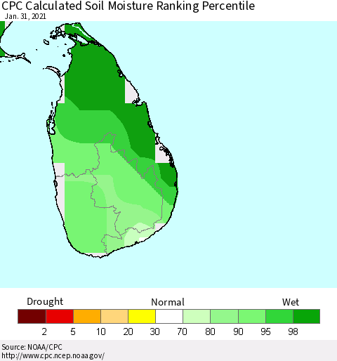 Sri Lanka CPC Soil Moisture Ranking Percentile (Leaky Bucket) Thematic Map For 1/26/2021 - 1/31/2021