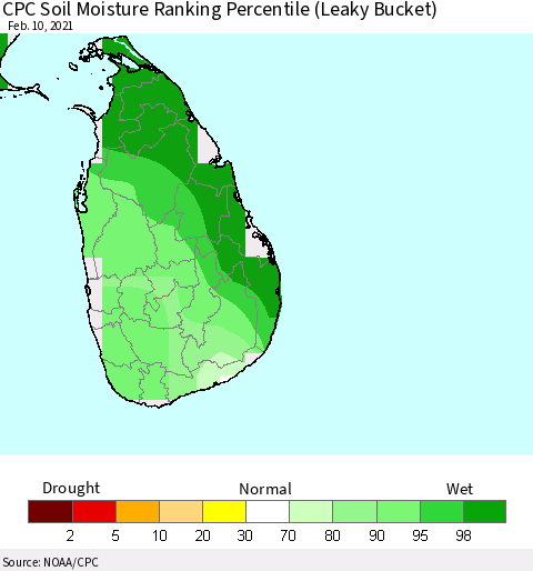 Sri Lanka CPC Soil Moisture Ranking Percentile (Leaky Bucket) Thematic Map For 2/6/2021 - 2/10/2021