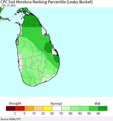 Sri Lanka CPC Soil Moisture Ranking Percentile (Leaky Bucket) Thematic Map For 2/11/2021 - 2/15/2021