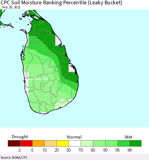 Sri Lanka CPC Soil Moisture Ranking Percentile (Leaky Bucket) Thematic Map For 2/16/2021 - 2/20/2021
