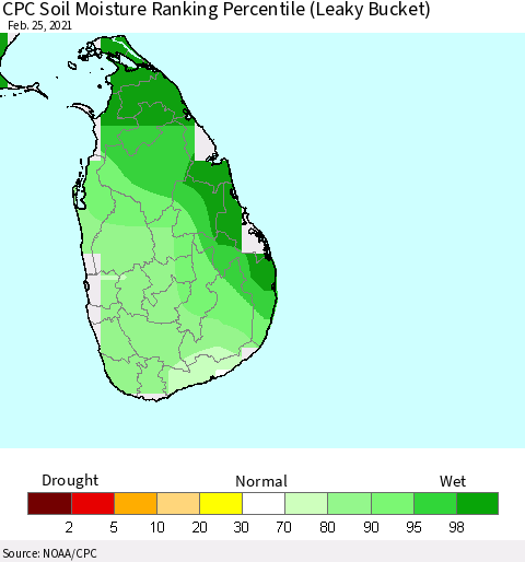 Sri Lanka CPC Soil Moisture Ranking Percentile (Leaky Bucket) Thematic Map For 2/21/2021 - 2/25/2021