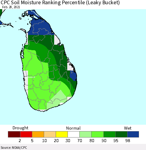 Sri Lanka CPC Soil Moisture Ranking Percentile (Leaky Bucket) Thematic Map For 2/26/2021 - 2/28/2021