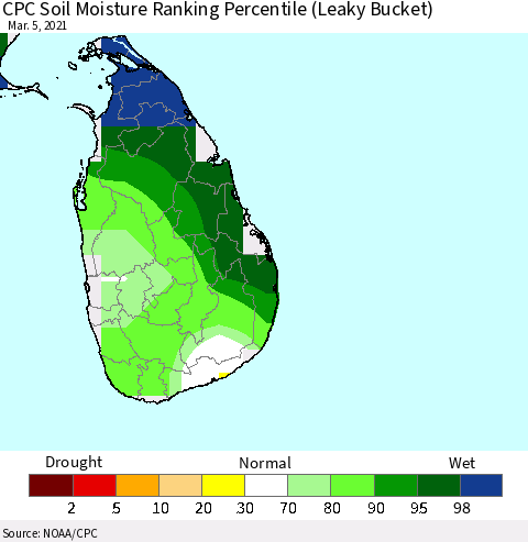 Sri Lanka CPC Soil Moisture Ranking Percentile (Leaky Bucket) Thematic Map For 3/1/2021 - 3/5/2021