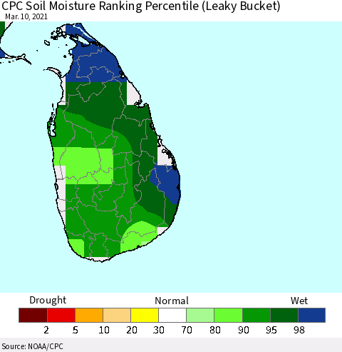 Sri Lanka CPC Soil Moisture Ranking Percentile (Leaky Bucket) Thematic Map For 3/6/2021 - 3/10/2021