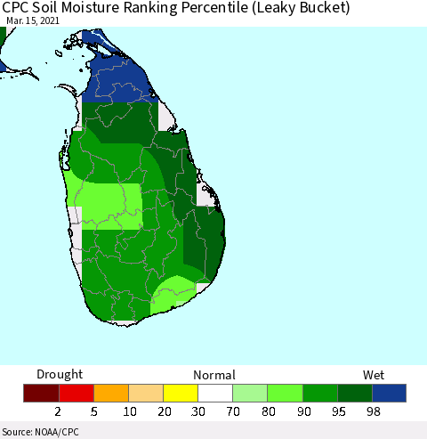 Sri Lanka CPC Soil Moisture Ranking Percentile (Leaky Bucket) Thematic Map For 3/11/2021 - 3/15/2021
