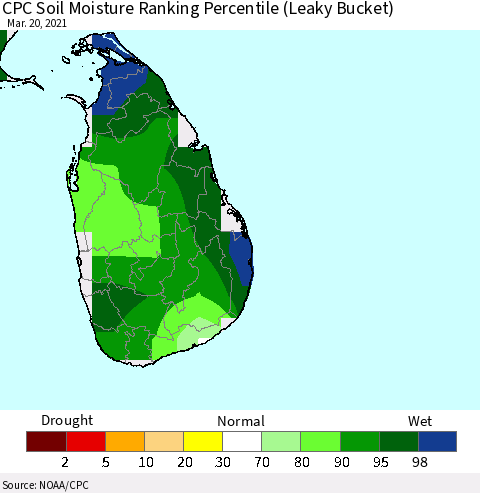 Sri Lanka CPC Soil Moisture Ranking Percentile (Leaky Bucket) Thematic Map For 3/16/2021 - 3/20/2021