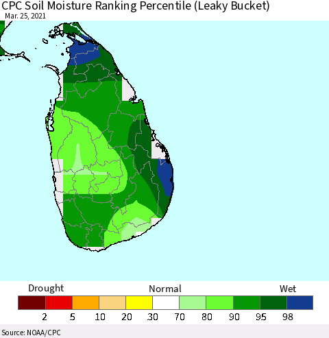 Sri Lanka CPC Soil Moisture Ranking Percentile (Leaky Bucket) Thematic Map For 3/21/2021 - 3/25/2021