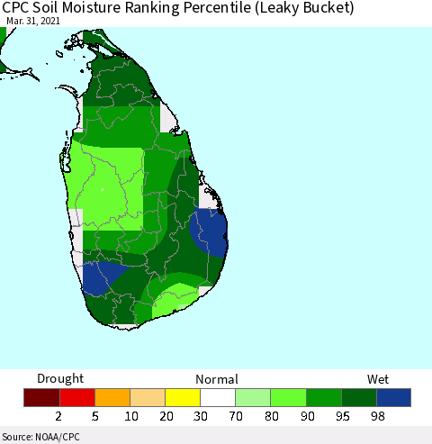 Sri Lanka CPC Soil Moisture Ranking Percentile (Leaky Bucket) Thematic Map For 3/26/2021 - 3/31/2021