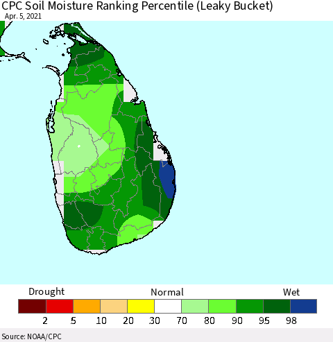 Sri Lanka CPC Soil Moisture Ranking Percentile (Leaky Bucket) Thematic Map For 4/1/2021 - 4/5/2021