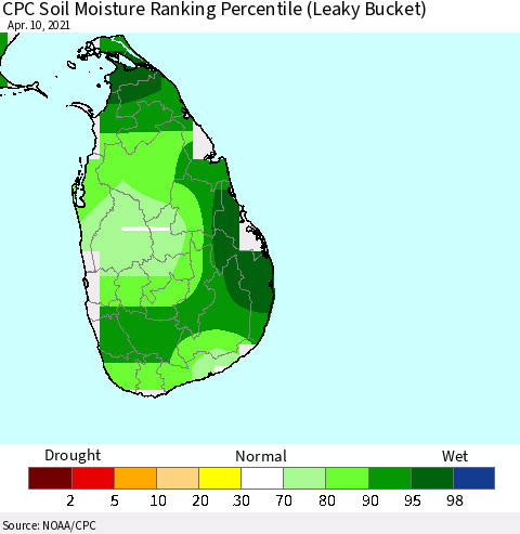 Sri Lanka CPC Soil Moisture Ranking Percentile (Leaky Bucket) Thematic Map For 4/6/2021 - 4/10/2021