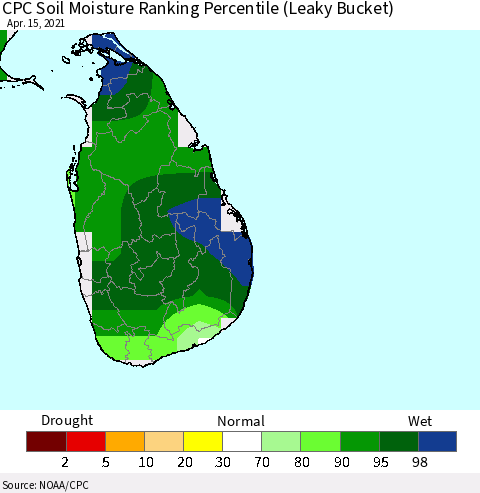 Sri Lanka CPC Soil Moisture Ranking Percentile (Leaky Bucket) Thematic Map For 4/11/2021 - 4/15/2021