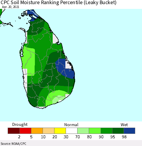 Sri Lanka CPC Soil Moisture Ranking Percentile (Leaky Bucket) Thematic Map For 4/16/2021 - 4/20/2021