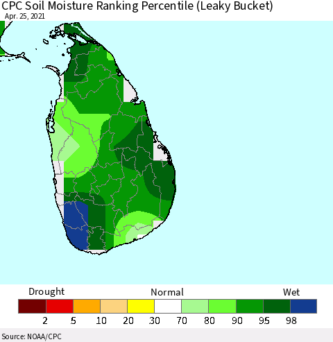 Sri Lanka CPC Soil Moisture Ranking Percentile (Leaky Bucket) Thematic Map For 4/21/2021 - 4/25/2021
