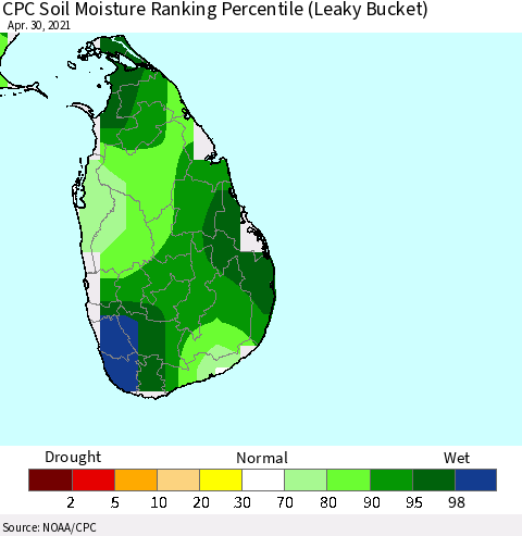 Sri Lanka CPC Soil Moisture Ranking Percentile (Leaky Bucket) Thematic Map For 4/26/2021 - 4/30/2021