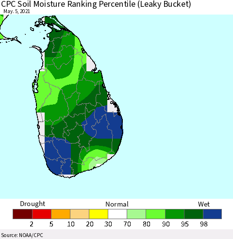 Sri Lanka CPC Calculated Soil Moisture Ranking Percentile Thematic Map For 5/1/2021 - 5/5/2021