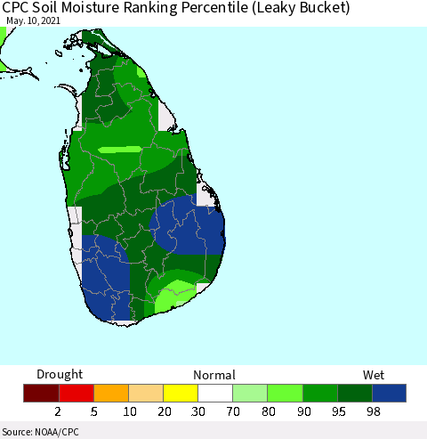 Sri Lanka CPC Calculated Soil Moisture Ranking Percentile Thematic Map For 5/6/2021 - 5/10/2021