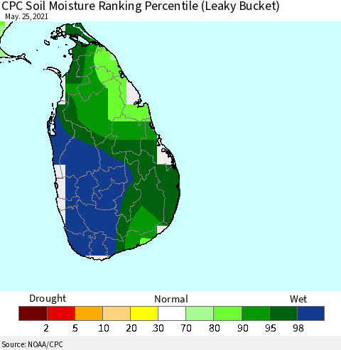 Sri Lanka CPC Soil Moisture Ranking Percentile (Leaky Bucket) Thematic Map For 5/21/2021 - 5/25/2021