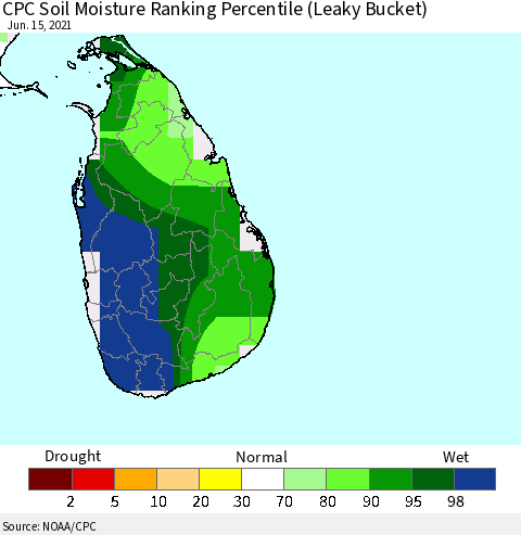 Sri Lanka CPC Soil Moisture Ranking Percentile (Leaky Bucket) Thematic Map For 6/11/2021 - 6/15/2021