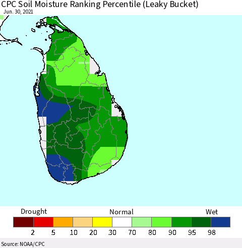 Sri Lanka CPC Calculated Soil Moisture Ranking Percentile Thematic Map For 6/26/2021 - 6/30/2021
