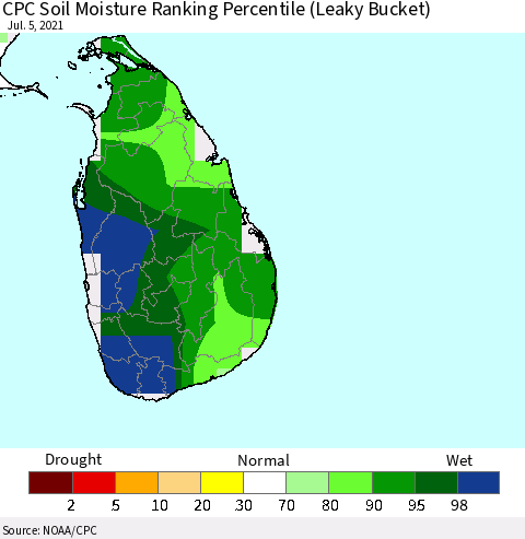 Sri Lanka CPC Calculated Soil Moisture Ranking Percentile Thematic Map For 7/1/2021 - 7/5/2021