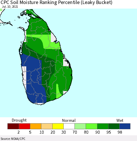 Sri Lanka CPC Calculated Soil Moisture Ranking Percentile Thematic Map For 7/6/2021 - 7/10/2021