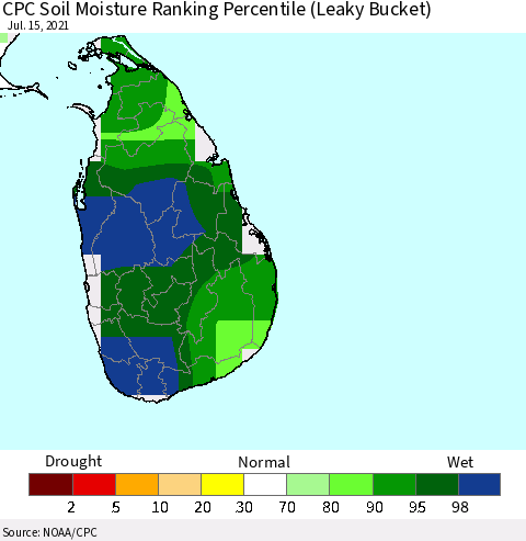 Sri Lanka CPC Soil Moisture Ranking Percentile (Leaky Bucket) Thematic Map For 7/11/2021 - 7/15/2021