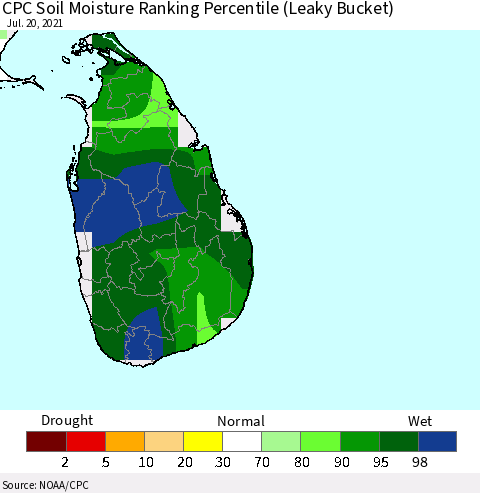 Sri Lanka CPC Calculated Soil Moisture Ranking Percentile Thematic Map For 7/16/2021 - 7/20/2021