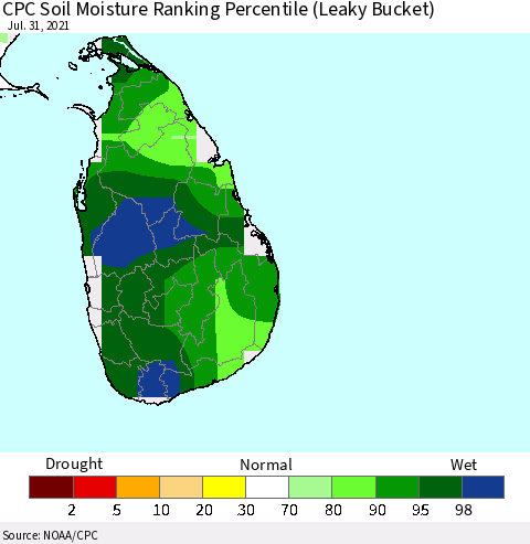 Sri Lanka CPC Soil Moisture Ranking Percentile (Leaky Bucket) Thematic Map For 7/26/2021 - 7/31/2021