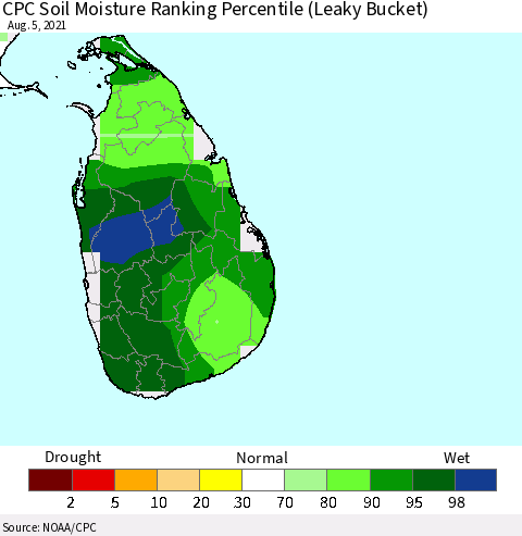 Sri Lanka CPC Calculated Soil Moisture Ranking Percentile Thematic Map For 8/1/2021 - 8/5/2021