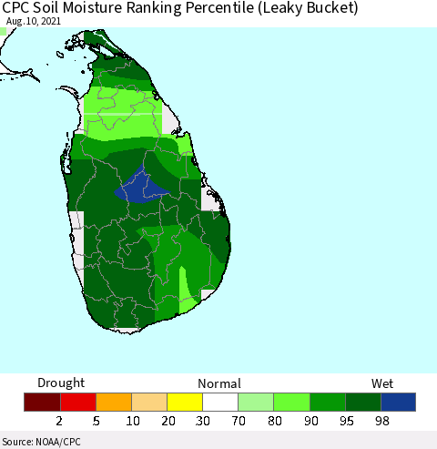 Sri Lanka CPC Calculated Soil Moisture Ranking Percentile Thematic Map For 8/6/2021 - 8/10/2021