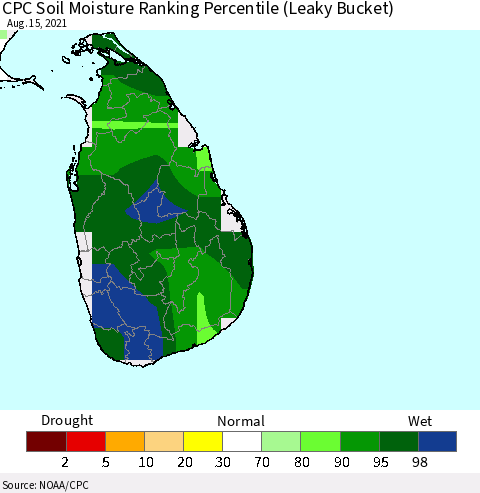Sri Lanka CPC Calculated Soil Moisture Ranking Percentile Thematic Map For 8/11/2021 - 8/15/2021