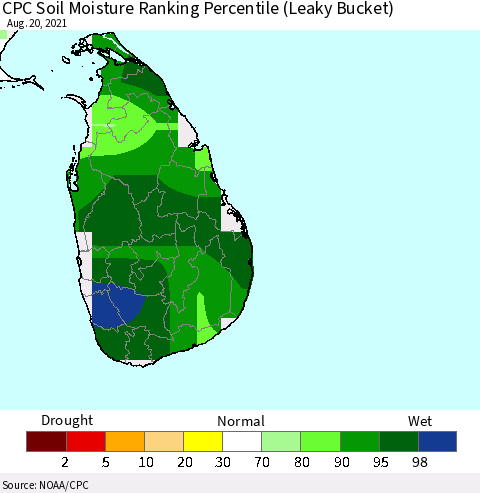 Sri Lanka CPC Calculated Soil Moisture Ranking Percentile Thematic Map For 8/16/2021 - 8/20/2021