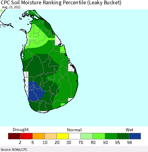Sri Lanka CPC Calculated Soil Moisture Ranking Percentile Thematic Map For 8/21/2021 - 8/25/2021