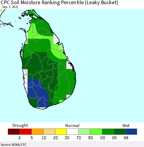 Sri Lanka CPC Calculated Soil Moisture Ranking Percentile Thematic Map For 9/1/2021 - 9/5/2021