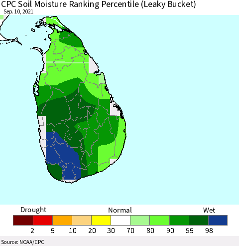 Sri Lanka CPC Soil Moisture Ranking Percentile (Leaky Bucket) Thematic Map For 9/6/2021 - 9/10/2021