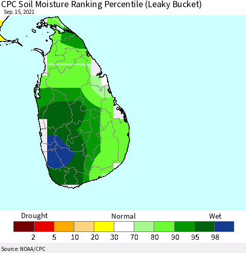 Sri Lanka CPC Calculated Soil Moisture Ranking Percentile Thematic Map For 9/11/2021 - 9/15/2021